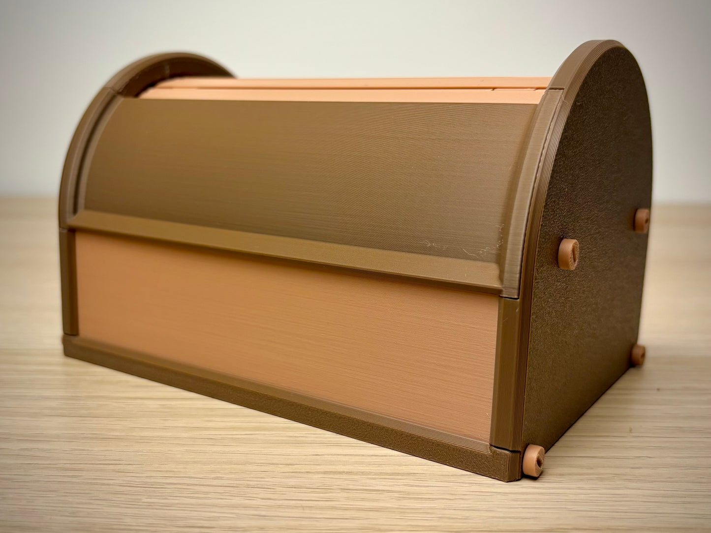 3D printed tambour roll-top box rear angle view closed — Walnut & Tan sliding lid storage box handmade in Reno NV