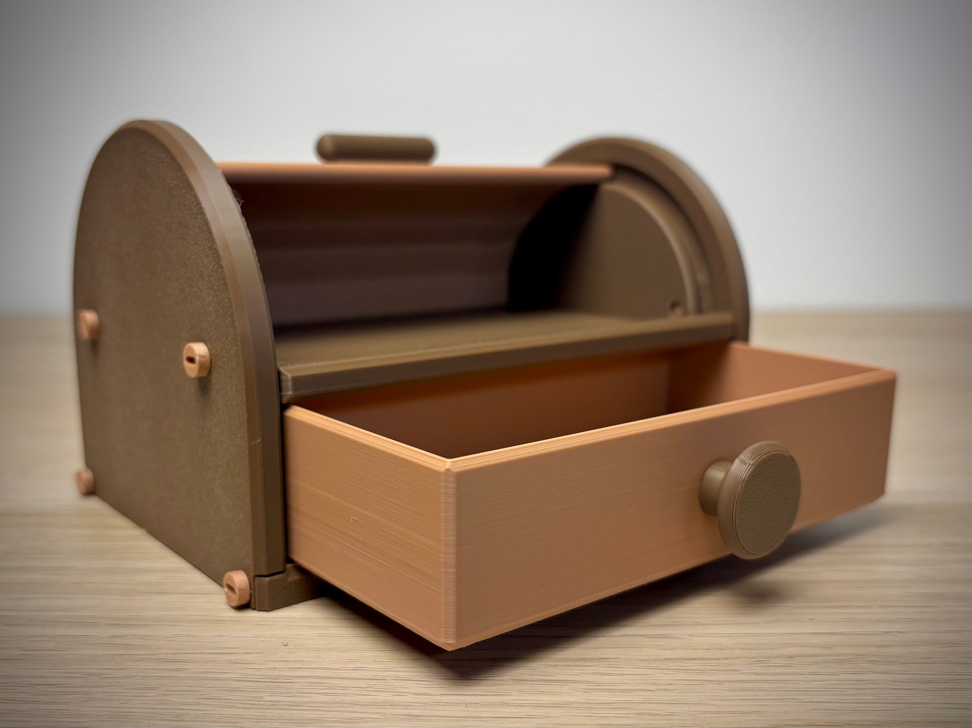 3D printed tambour roll-top storage box open with drawer extended — Walnut & Tan, handmade in Reno NV