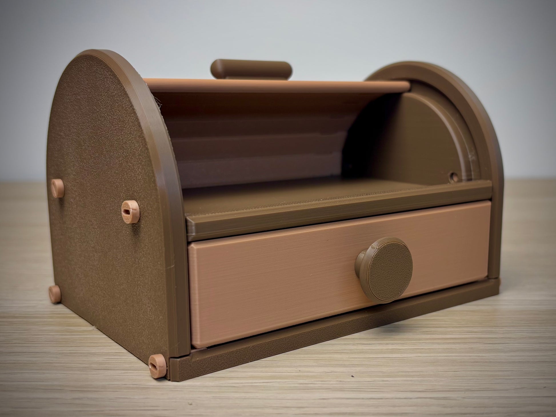 3D printed tambour roll-top box closed front view — warm Walnut & Tan two-tone finish, handmade in Reno NV
