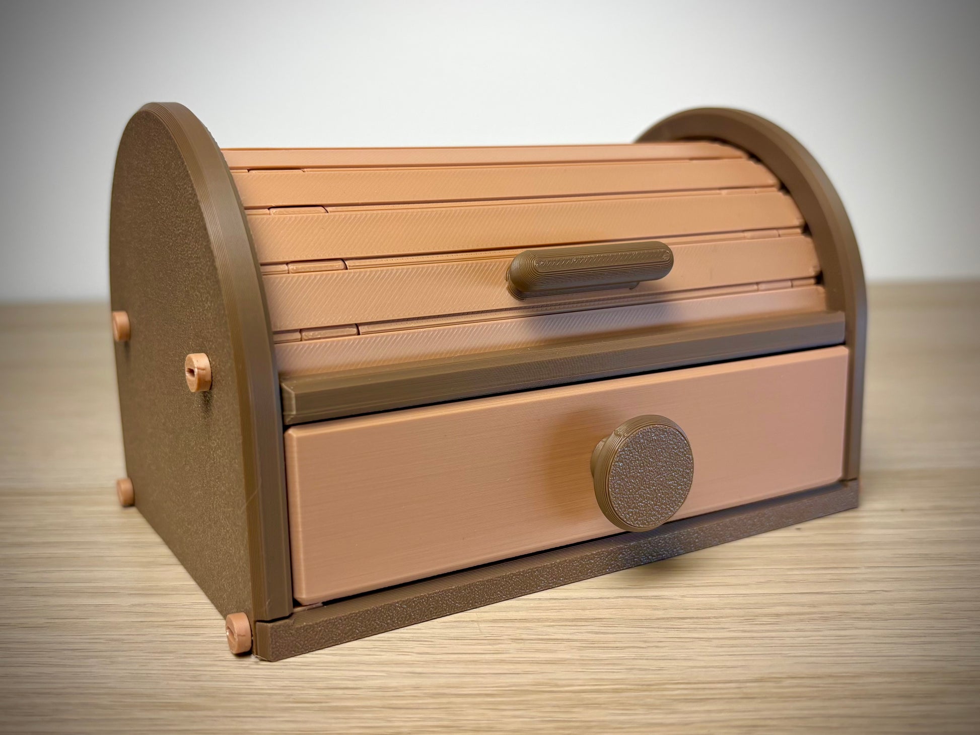 3D printed roll-top box with sliding tambour lid partially open showing slats and pull-out drawer — Walnut & Tan