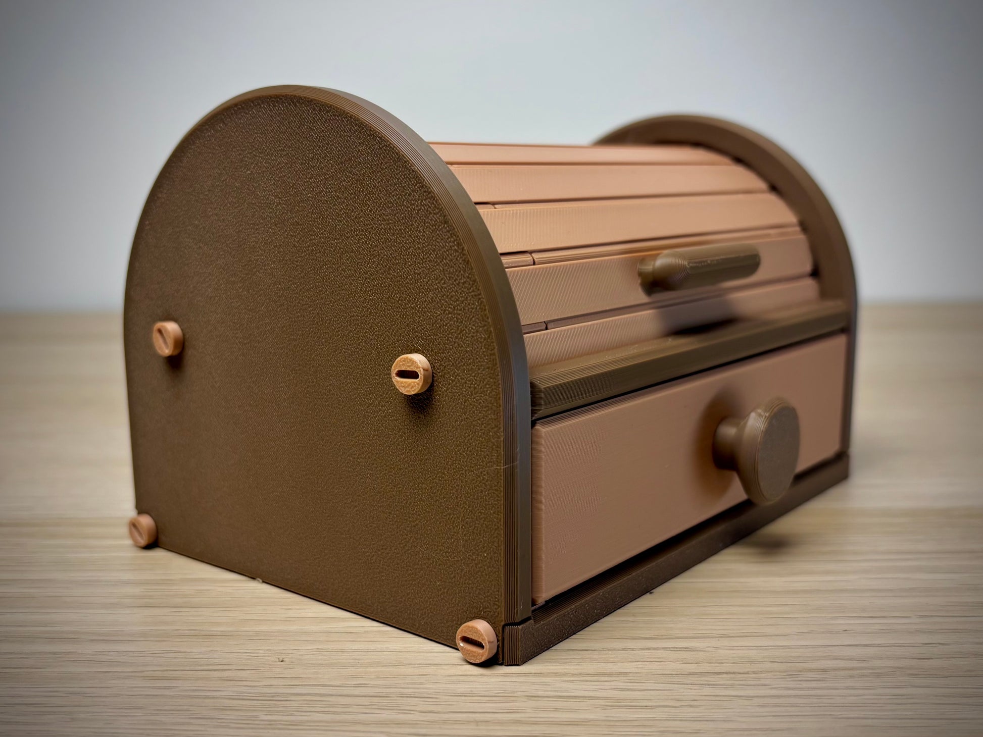 3D printed tambour storage box side profile showing lock detail — Walnut & Tan two-tone PLA, handmade in Reno NV